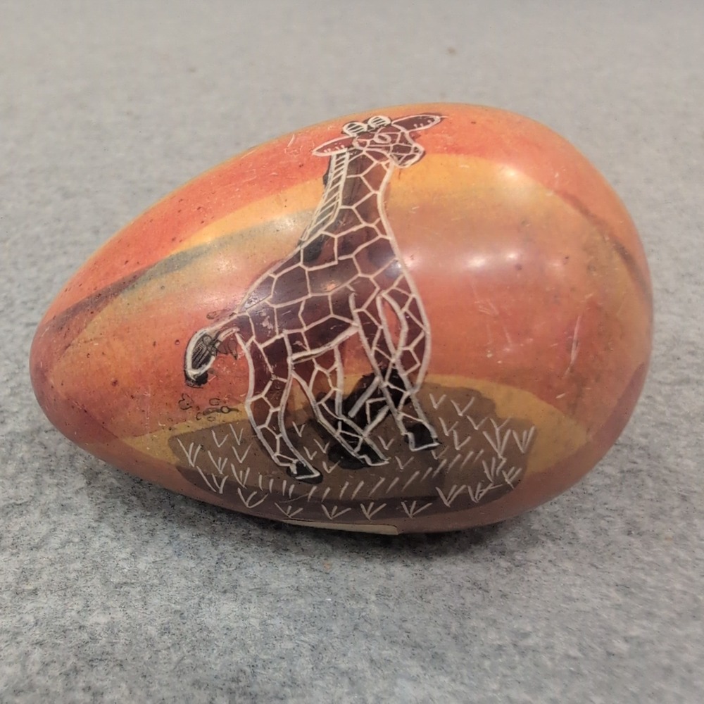 Hand Carved Kenyan Soapstone Egg Giraffe Acacia Tree Sunset Safari Decor - Picture 1 of 4
